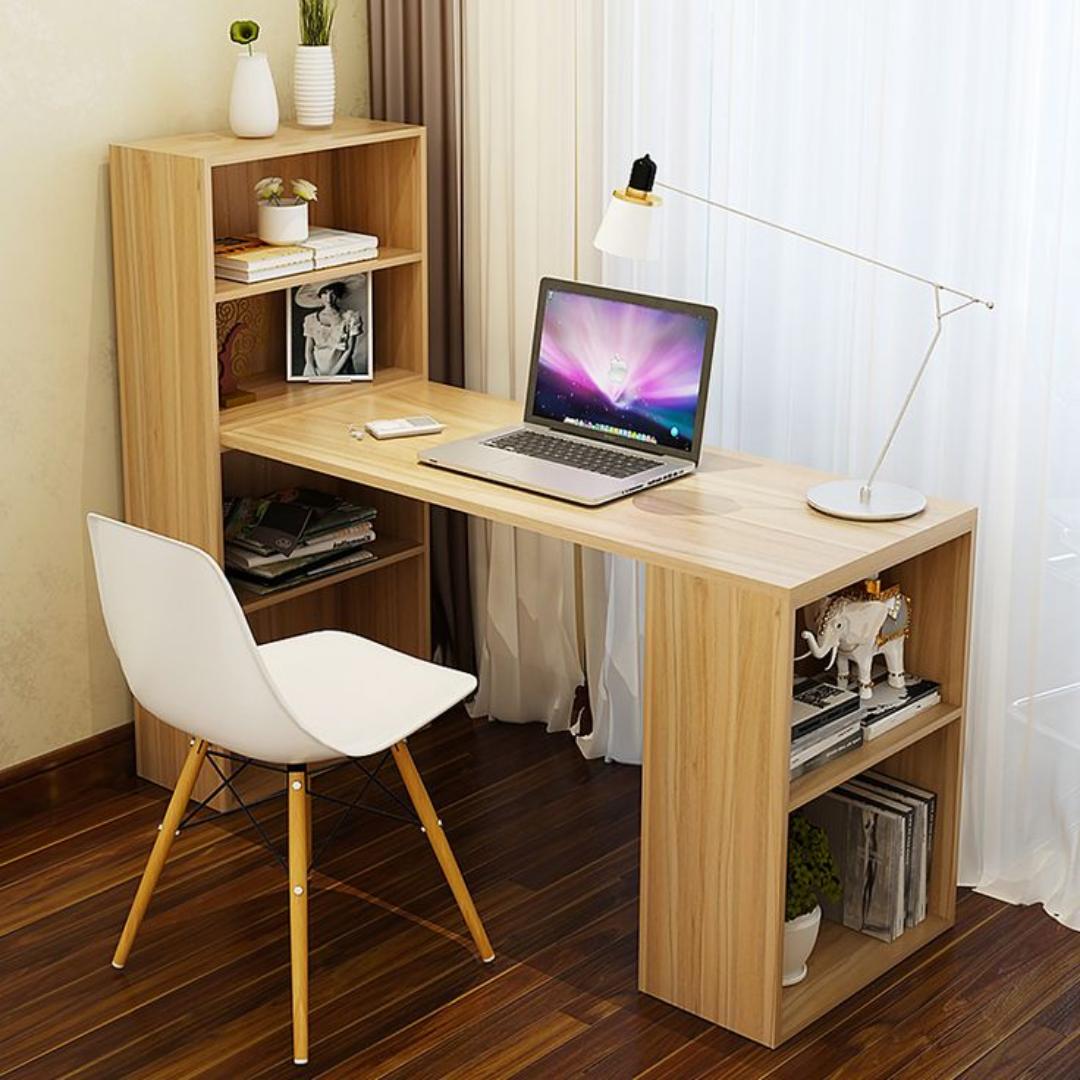 Premium L-Shape Office Study Desk with Storage Shelf | Modern Rotating Corner Computer Workstation Table | Multi-functional Bookcase Laptop Home Furniture Black