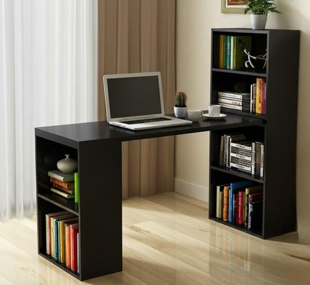 Premium L-Shape Office Study Desk with Storage Shelf | Modern Rotating Corner Computer Workstation Table | Multi-functional Bookcase Laptop Home Furniture Black