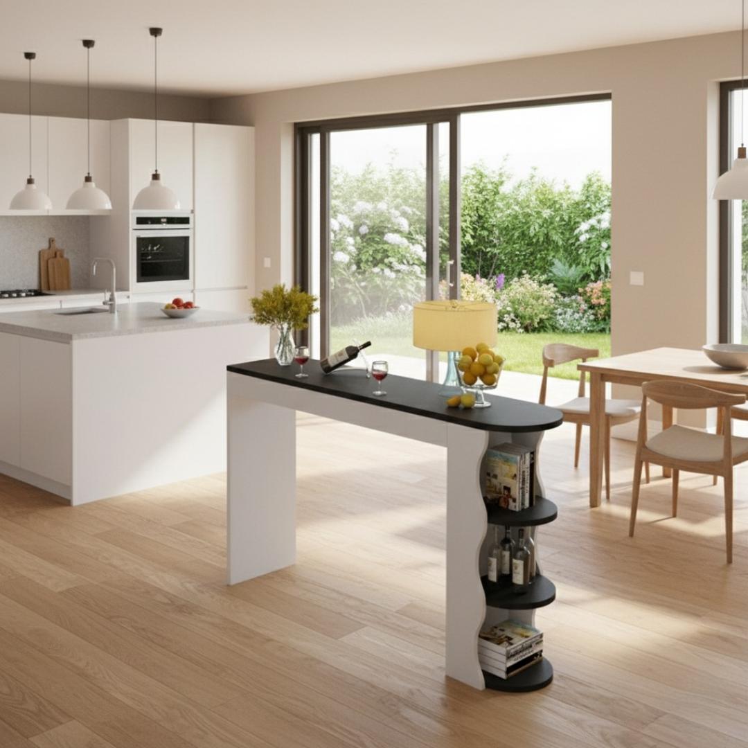 Modern Home Bar Table with Storage Shelves - Compact Kitchen Island & Wine Rack for Living Room, Dining, Cafe - Stylish & Space-Saving