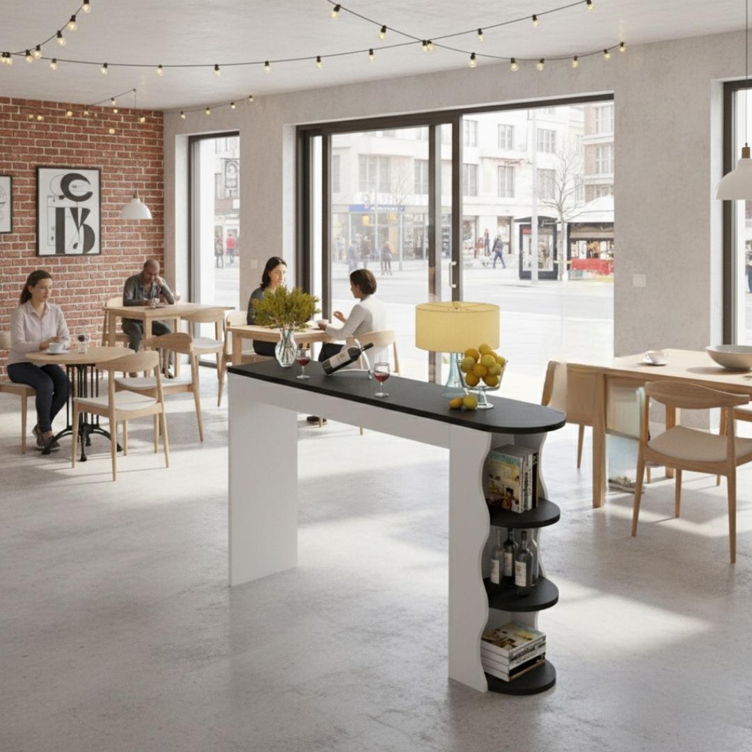 Modern Home Bar Table with Storage Shelves - Compact Kitchen Island & Wine Rack for Living Room, Dining, Cafe - Stylish & Space-Saving