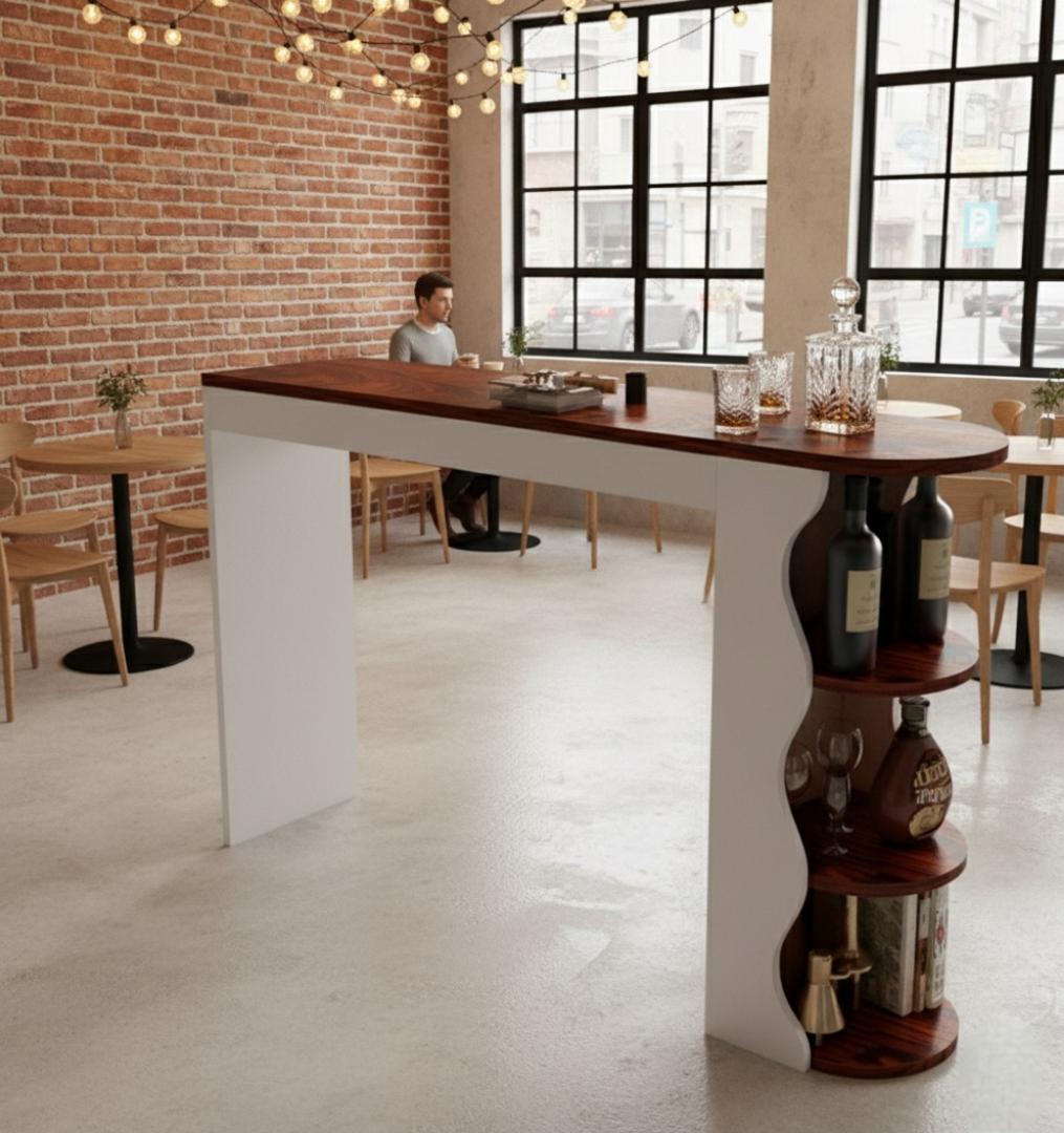 Modern Home Bar Table with Storage Shelves - Compact Kitchen Island & Wine Rack for Living Room, Dining, Cafe - Stylish & Space-Saving