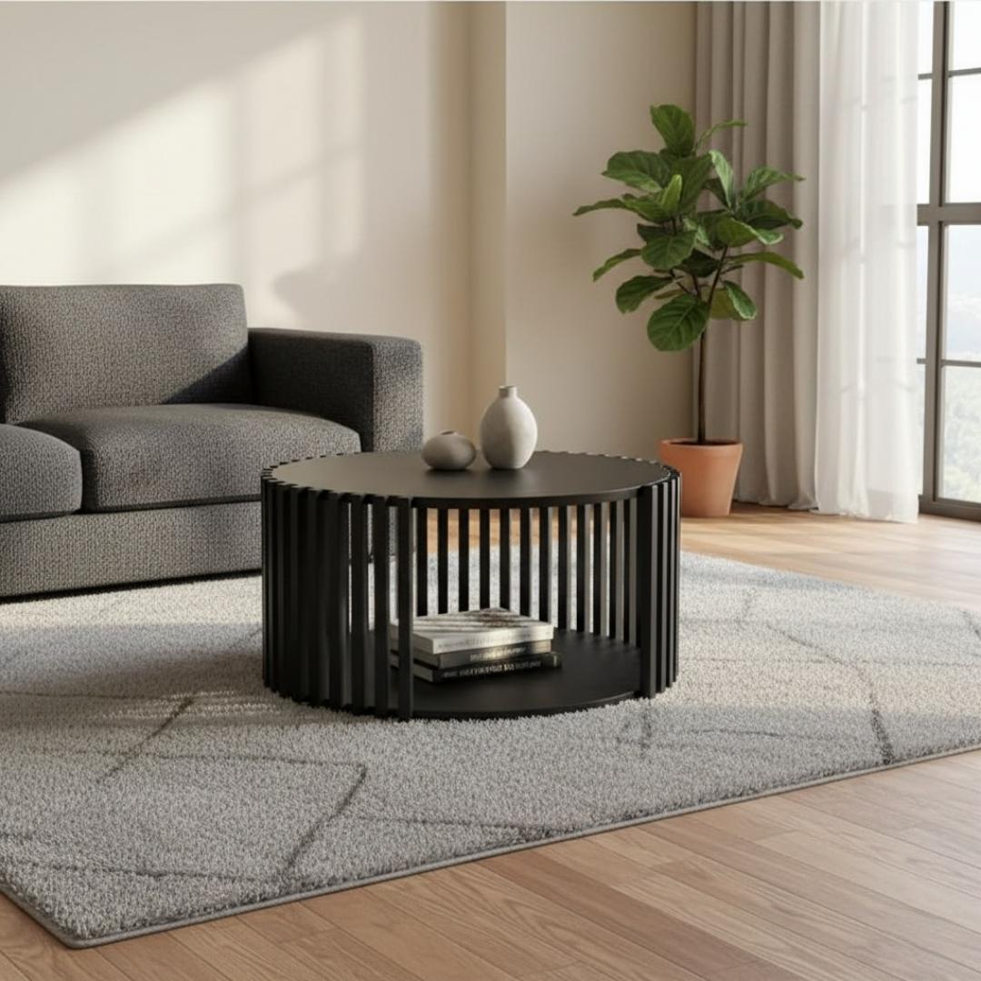 Modern Round Black Coffee Table - Stylish Living Room Center Table with Storage - Durable & Elegant Furniture for Home & Office