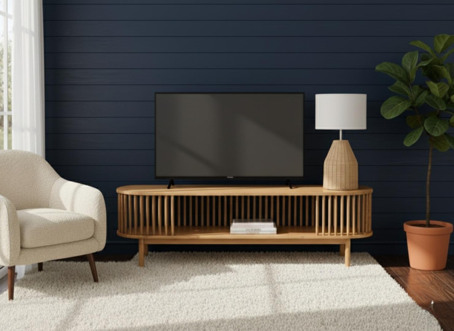 ​Mid-Century Modern Slatted Oval TV Stand Cabinet - Wood Look/Black/White Media Console for 60" TV - Living Room Entertainment Center