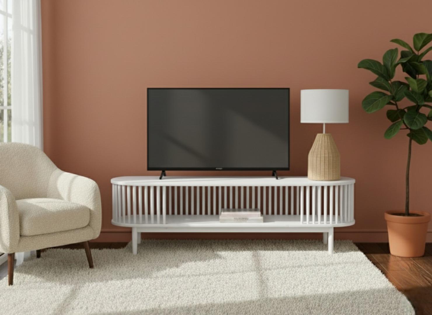 ​Mid-Century Modern Slatted Oval TV Stand Cabinet - Wood Look/Black/White Media Console for 60" TV - Living Room Entertainment Center