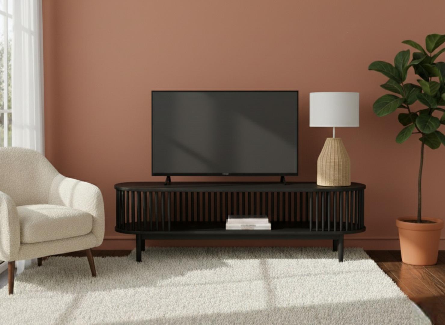 ​Mid-Century Modern Slatted Oval TV Stand Cabinet - Wood Look/Black/White Media Console for 60" TV - Living Room Entertainment Center