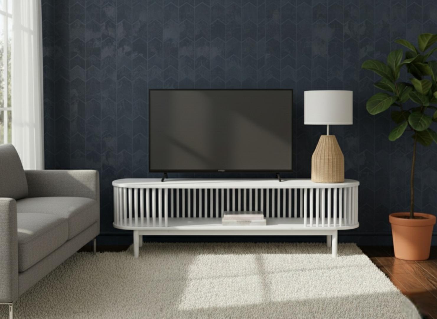 ​Mid-Century Modern Slatted Oval TV Stand Cabinet - Wood Look/Black/White Media Console for 60" TV - Living Room Entertainment Center