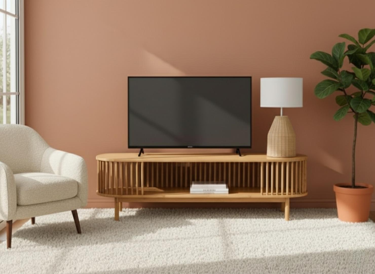 ​Mid-Century Modern Slatted Oval TV Stand Cabinet - Wood Look/Black/White Media Console for 60" TV - Living Room Entertainment Center