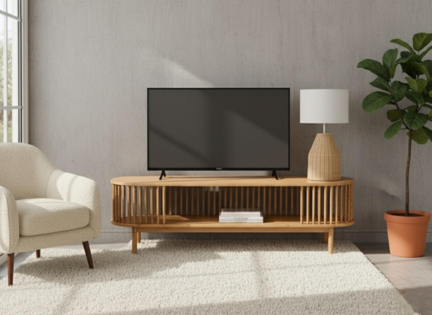 ​Mid-Century Modern Slatted Oval TV Stand Cabinet - Wood Look/Black/White Media Console for 60" TV - Living Room Entertainment Center