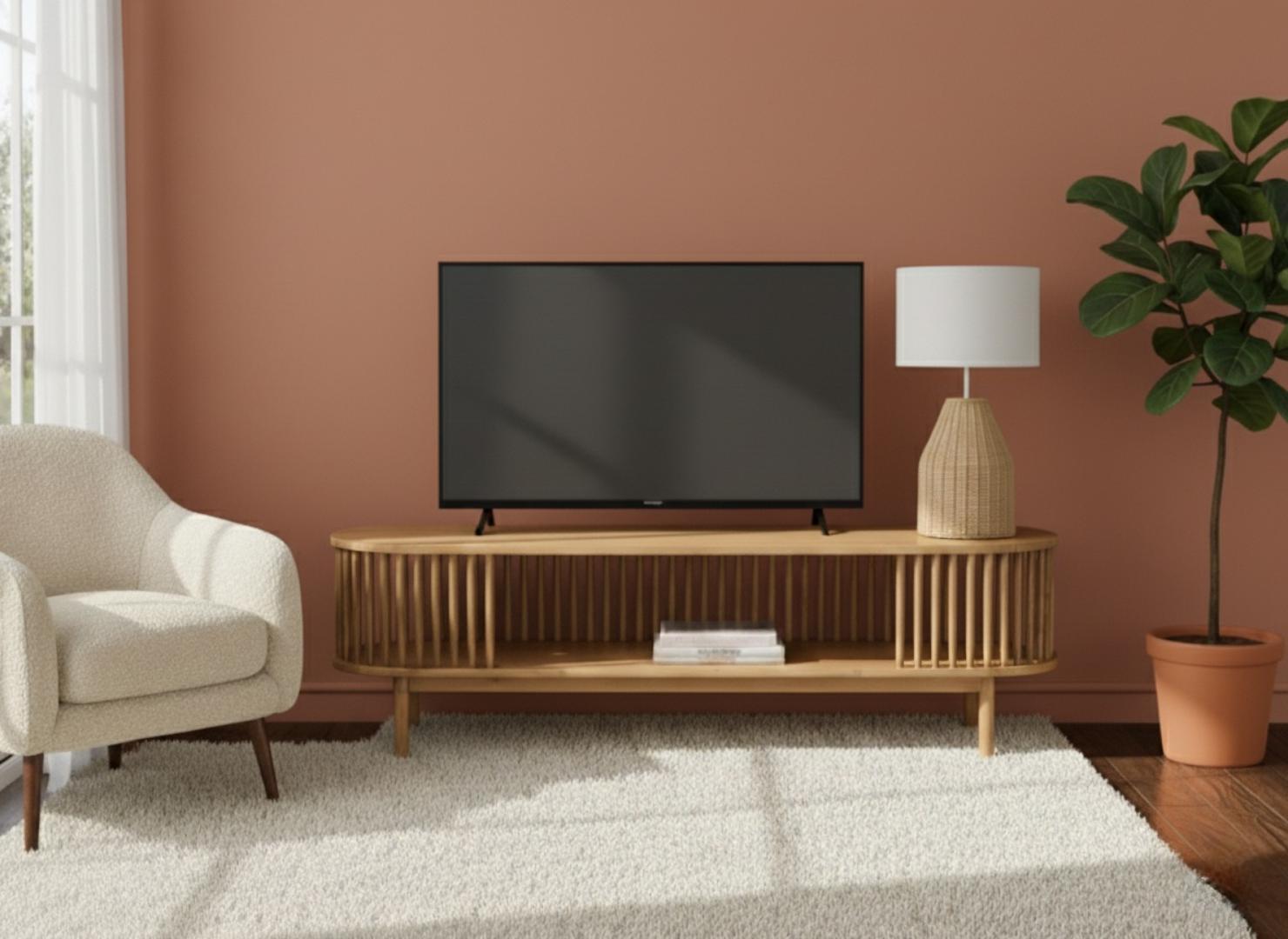 ​Mid-Century Modern Slatted Oval TV Stand Cabinet - Wood Look/Black/White Media Console for 60" TV - Living Room Entertainment Center