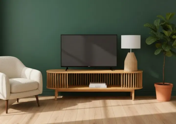 ​Mid-Century Modern Slatted Oval TV Stand Cabinet - Wood Look/Black/White Media Console for 60" TV - Living Room Entertainment Center