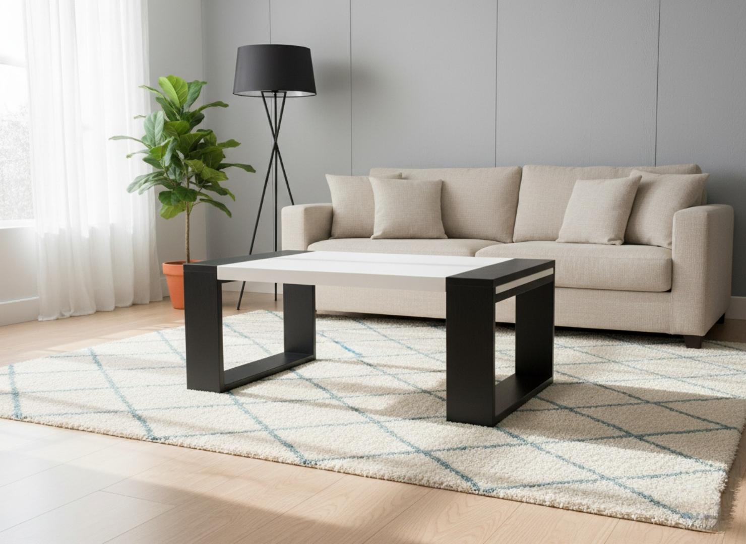 ​Modern Rectangular Coffee Table - White Top & Solid Wood Frame - Minimalist Lounge Center Table with Open Storage Base for Living Room