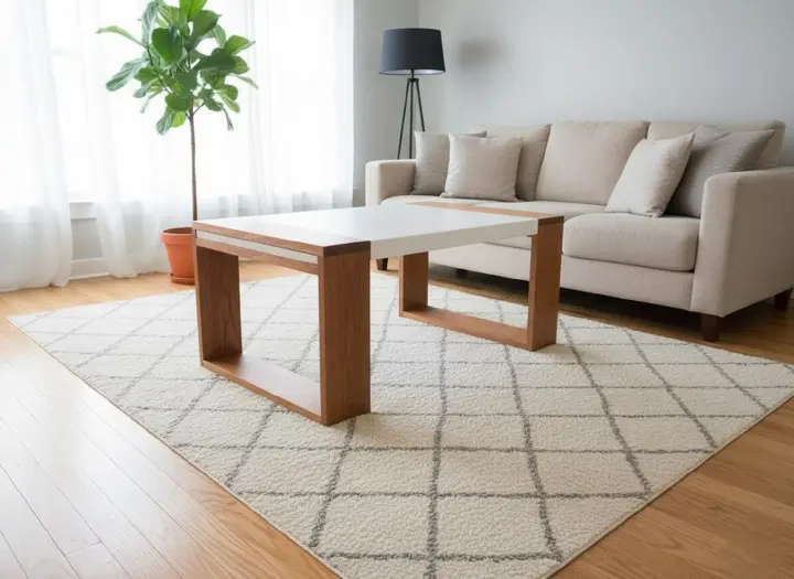 ​Modern Rectangular Coffee Table - White Top & Solid Wood Frame - Minimalist Lounge Center Table with Open Storage Base for Living Room