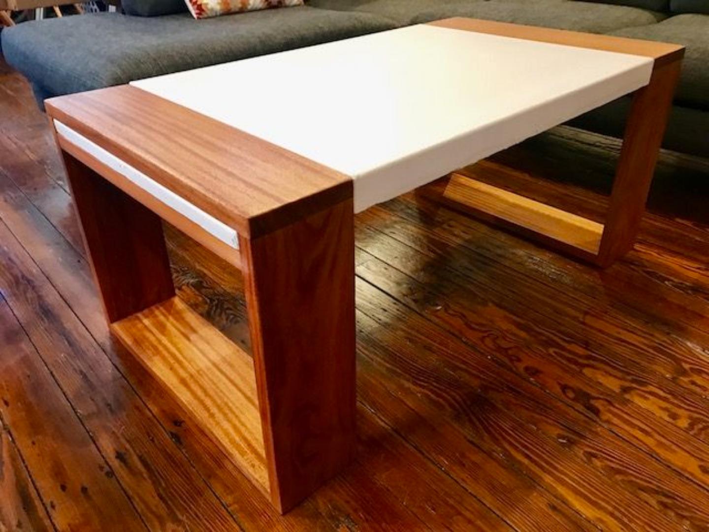 ​Modern Rectangular Coffee Table - White Top & Solid Wood Frame - Minimalist Lounge Center Table with Open Storage Base for Living Room