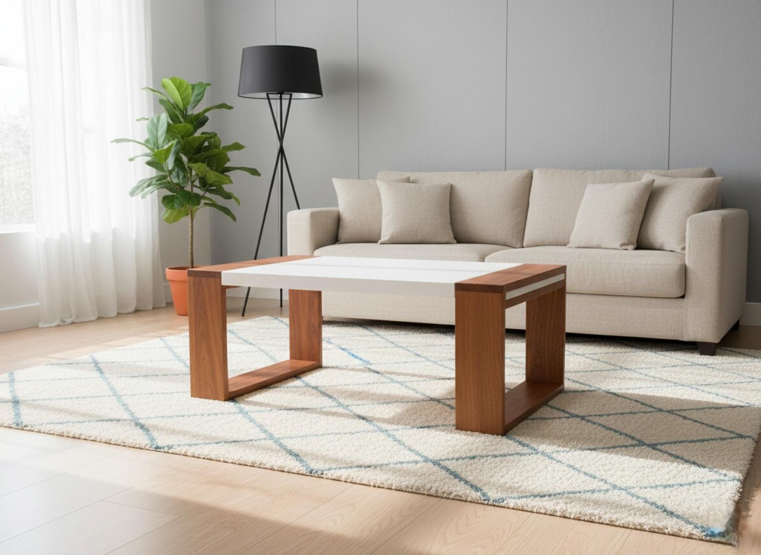 ​Modern Rectangular Coffee Table - White Top & Solid Wood Frame - Minimalist Lounge Center Table with Open Storage Base for Living Room