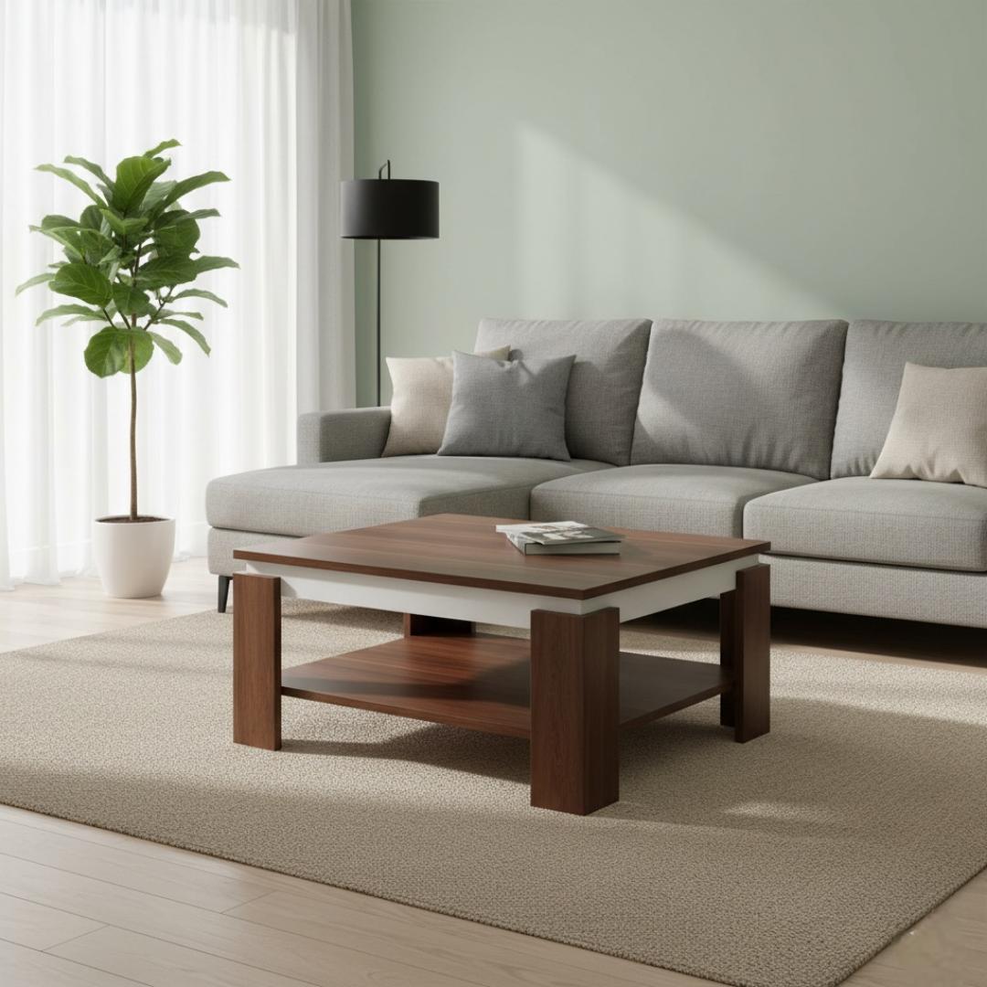 ​Modern Two-Tier Square Coffee Table - White/Black/Wood Top with Storage Shelf - Lounge Center Table for Living Room/Office Furniture