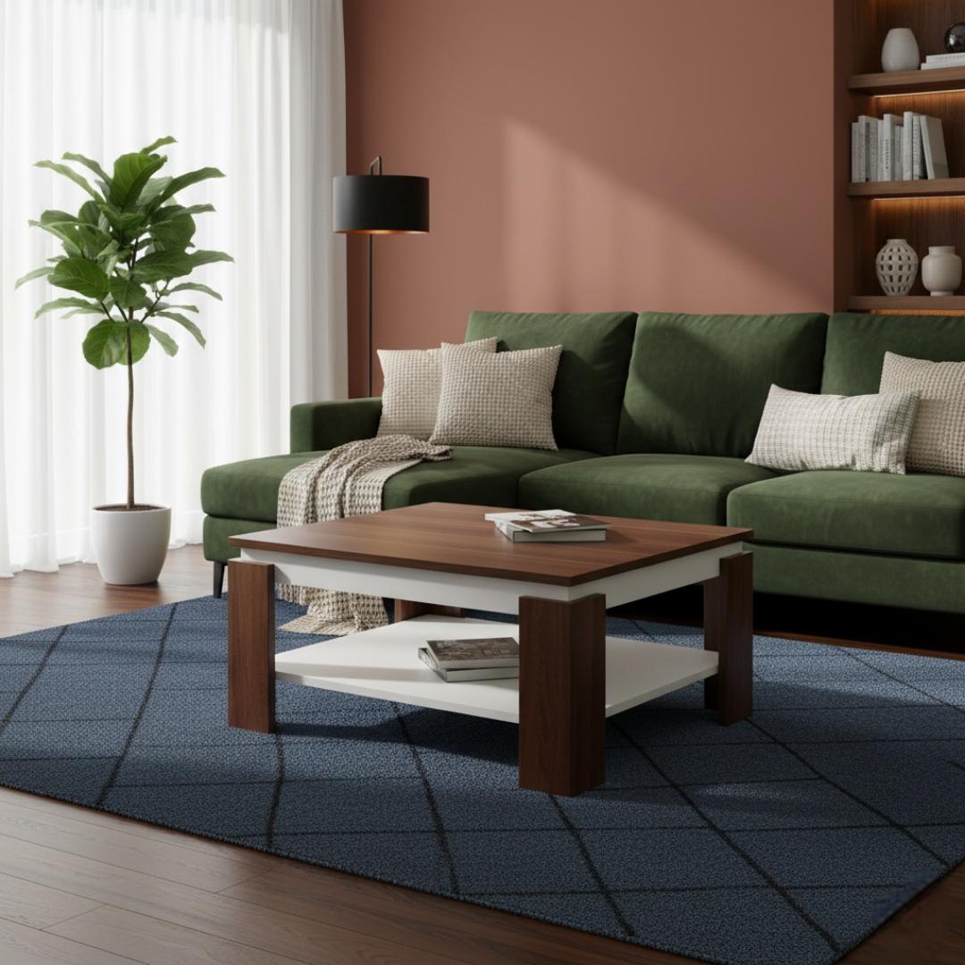 ​Modern Two-Tier Square Coffee Table - White/Black/Wood Top with Storage Shelf - Lounge Center Table for Living Room/Office Furniture