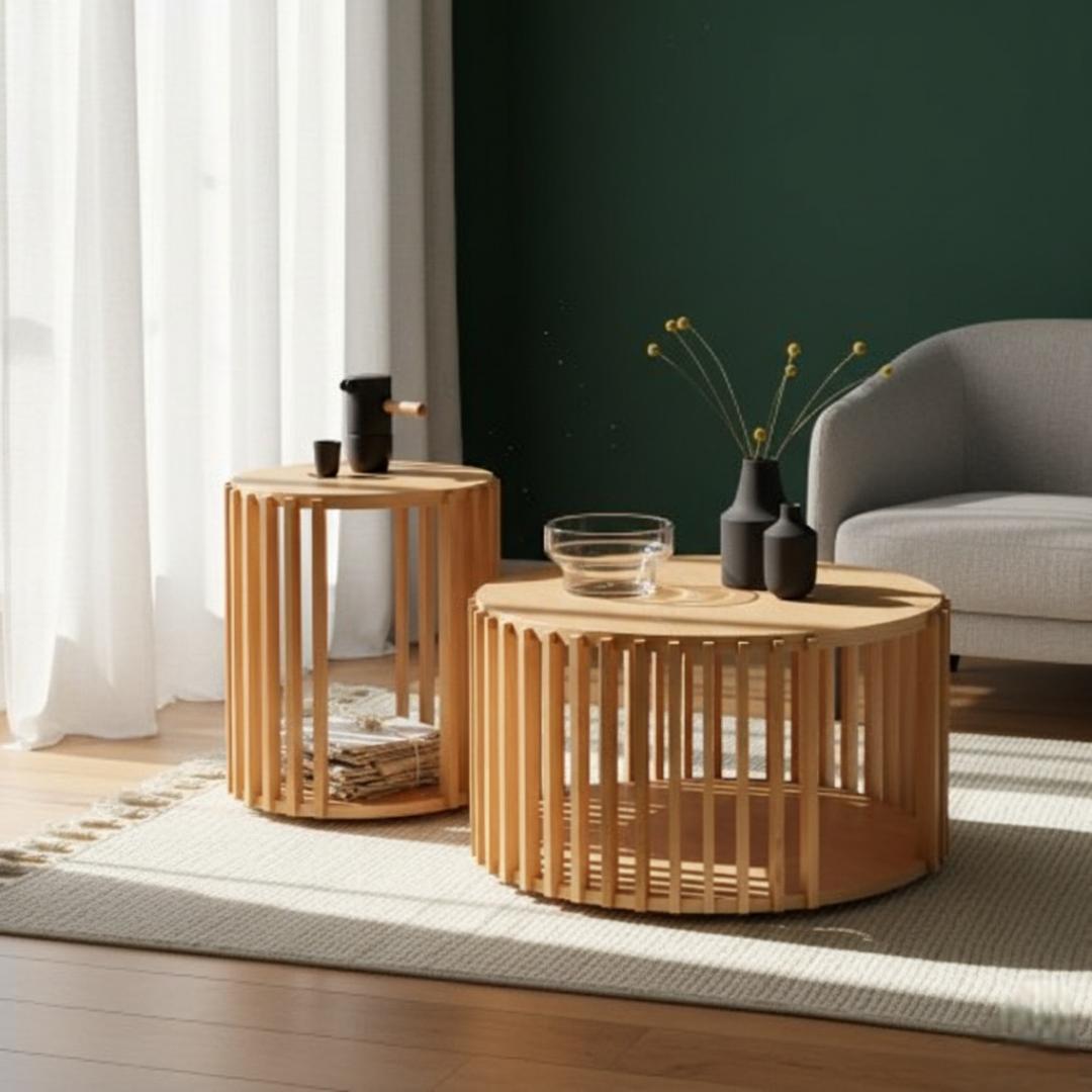 ​Modern Slatted Round Coffee Table Set of 2 | Nesting Side Tables with Open Storage | Accent/End Table for Living Room, Bedroom Furniture