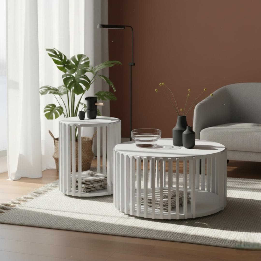 ​Modern Slatted Round Coffee Table Set of 2 | Nesting Side Tables with Open Storage | Accent/End Table for Living Room, Bedroom Furniture