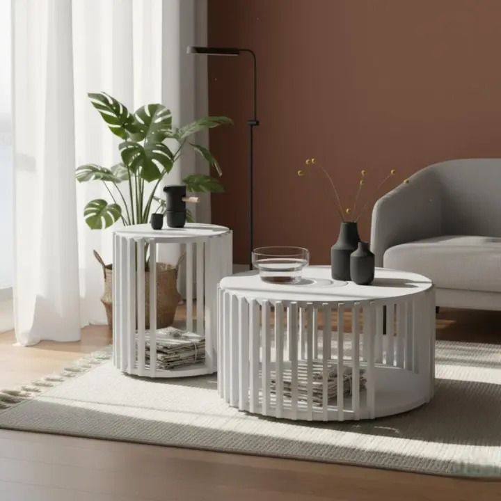 ​Modern Slatted Round Coffee Table Set of 2 | Nesting Side Tables with Open Storage | Accent/End Table for Living Room, Bedroom Furniture