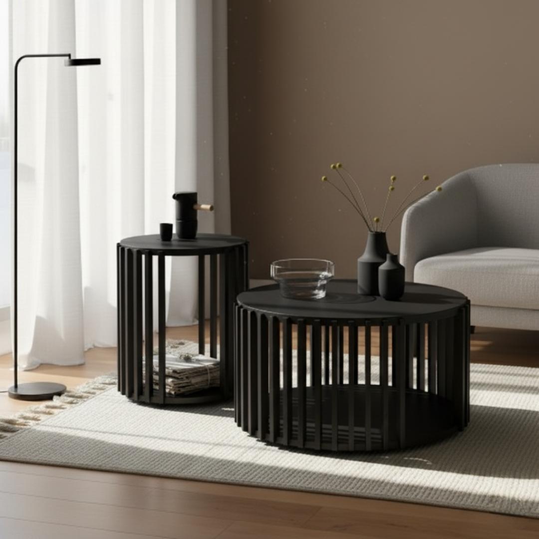 ​Modern Slatted Round Coffee Table Set of 2 | Nesting Side Tables with Open Storage | Accent/End Table for Living Room, Bedroom Furniture
