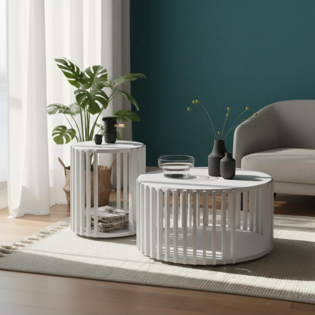 ​Modern Slatted Round Coffee Table Set of 2 | Nesting Side Tables with Open Storage | Accent/End Table for Living Room, Bedroom Furniture