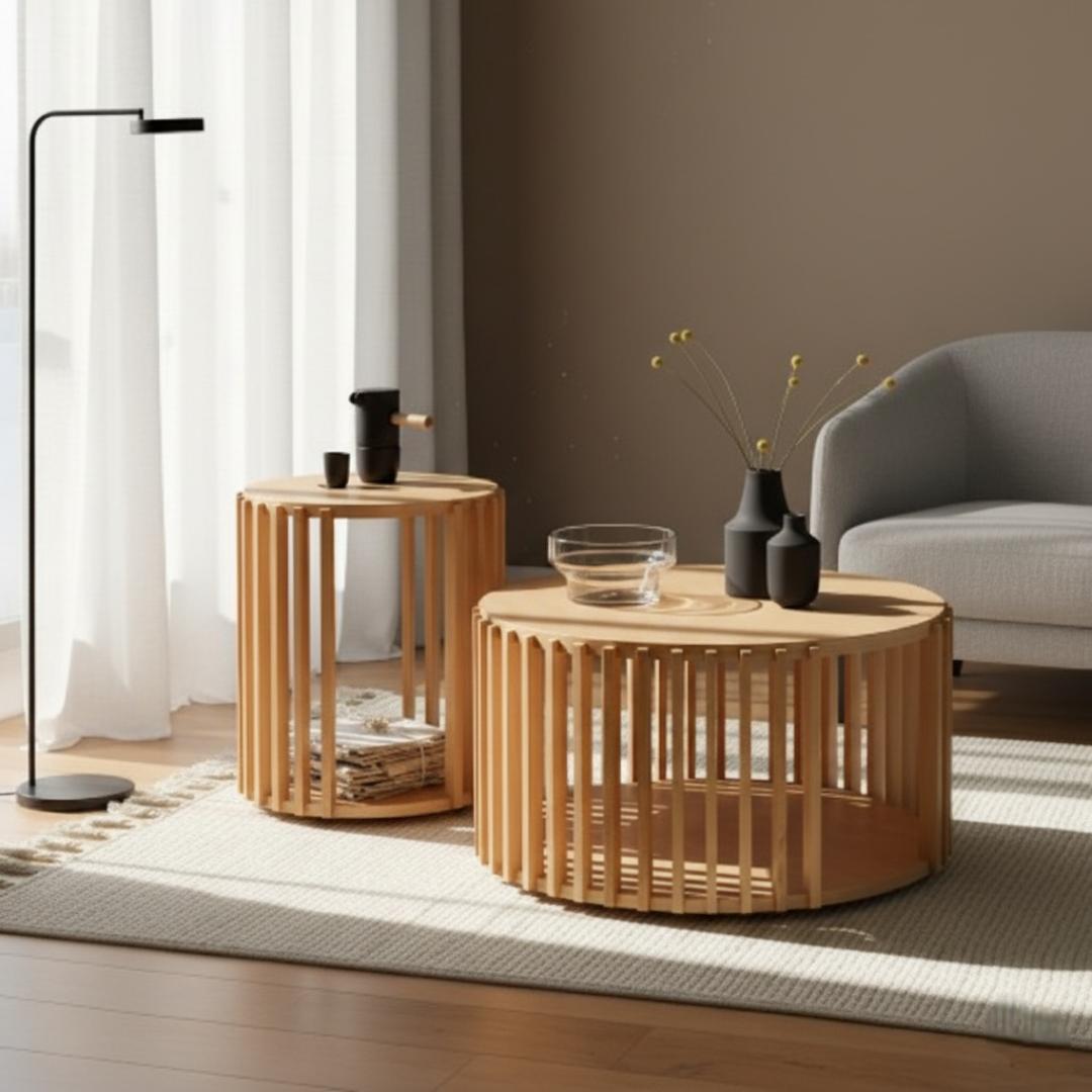 ​Modern Slatted Round Coffee Table Set of 2 | Nesting Side Tables with Open Storage | Accent/End Table for Living Room, Bedroom Furniture