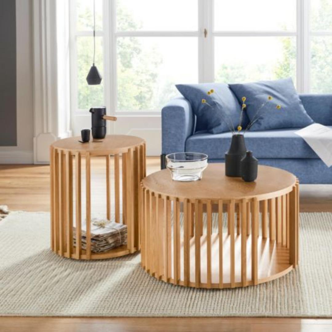 ​Modern Slatted Round Coffee Table Set of 2 | Nesting Side Tables with Open Storage | Accent/End Table for Living Room, Bedroom Furniture