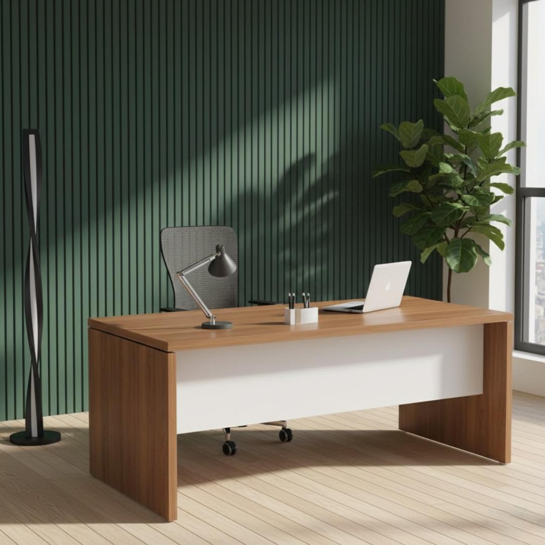 ​Large Executive Office Desk 145cm - Modern Management Workstation Table - Professional CEO/Manager/Boss Furniture - Woodgrain Top with White Modesty Panel