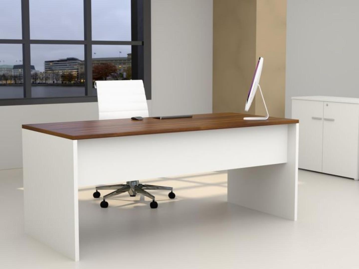 ​Large Executive Office Desk 145cm - Modern Management Workstation Table - Professional CEO/Manager/Boss Furniture - Woodgrain Top with White Modesty Panel