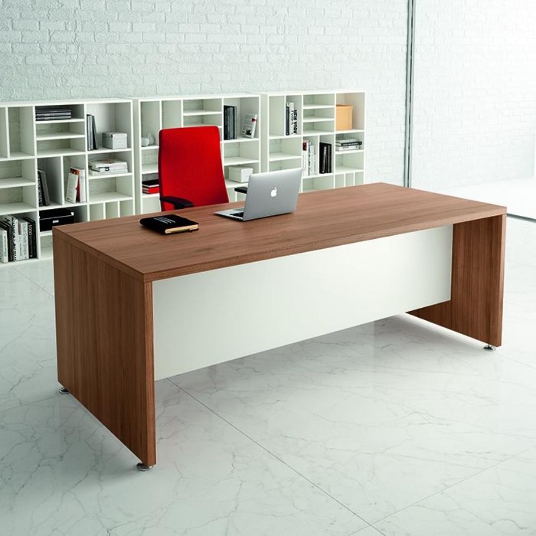 ​Large Executive Office Desk 145cm - Modern Management Workstation Table - Professional CEO/Manager/Boss Furniture - Woodgrain Top with White Modesty Panel