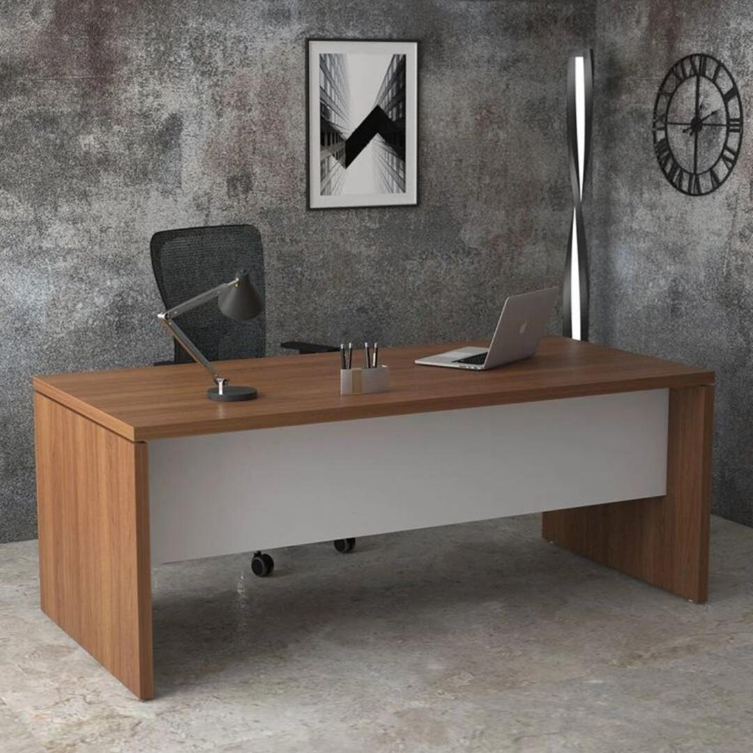​Large Executive Office Desk 145cm - Modern Management Workstation Table - Professional CEO/Manager/Boss Furniture - Woodgrain Top with White Modesty Panel