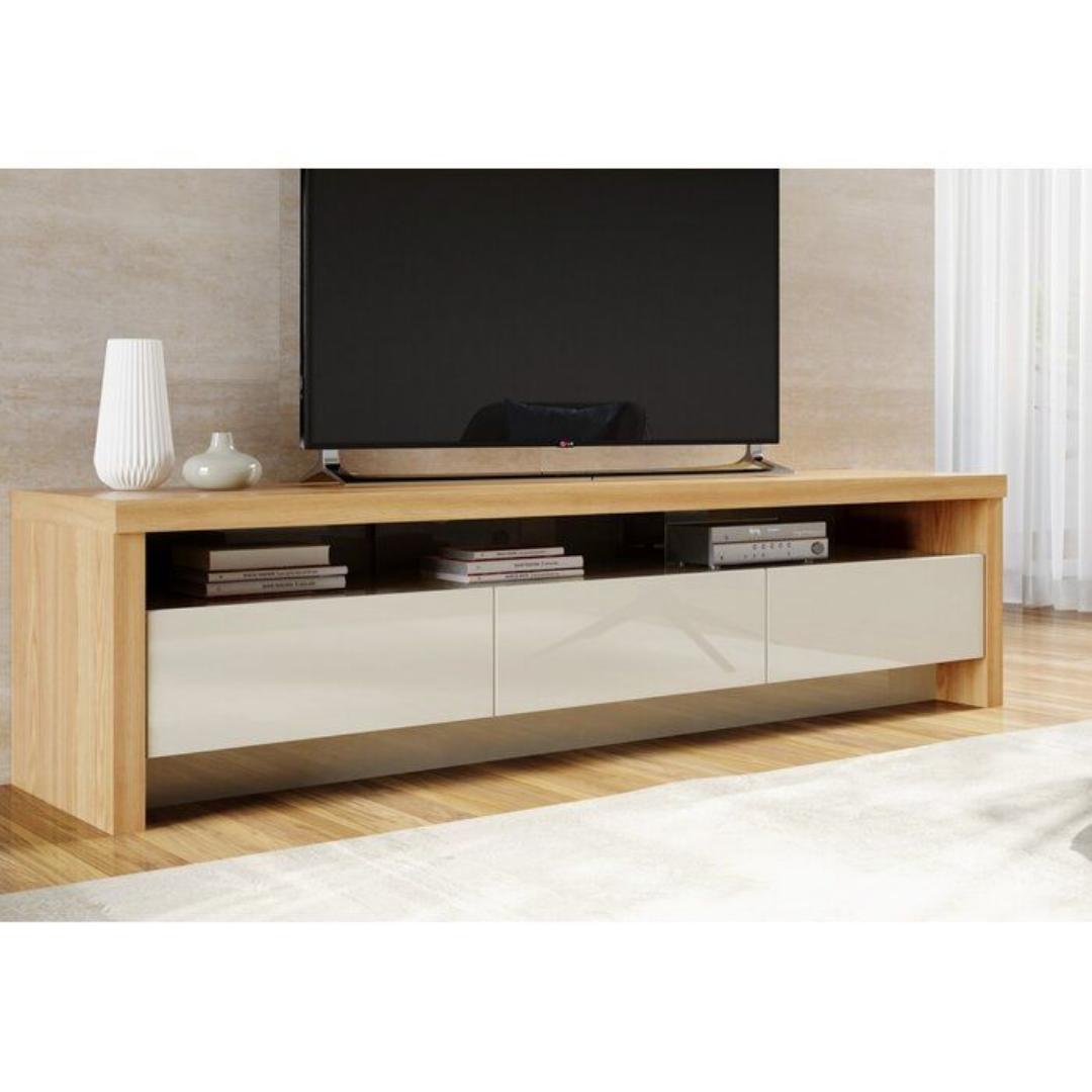 Modern 70" Dark Wood TV Stand Console with Gloss White Drawers - Entertainment Unit for Flat Screens, Living Room Storage & Media Center