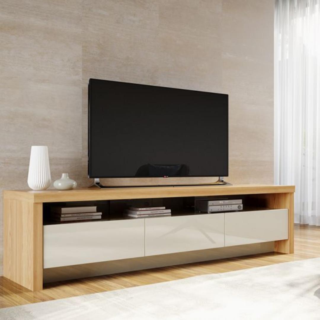 Modern 70" Dark Wood TV Stand Console with Gloss White Drawers - Entertainment Unit for Flat Screens, Living Room Storage & Media Center