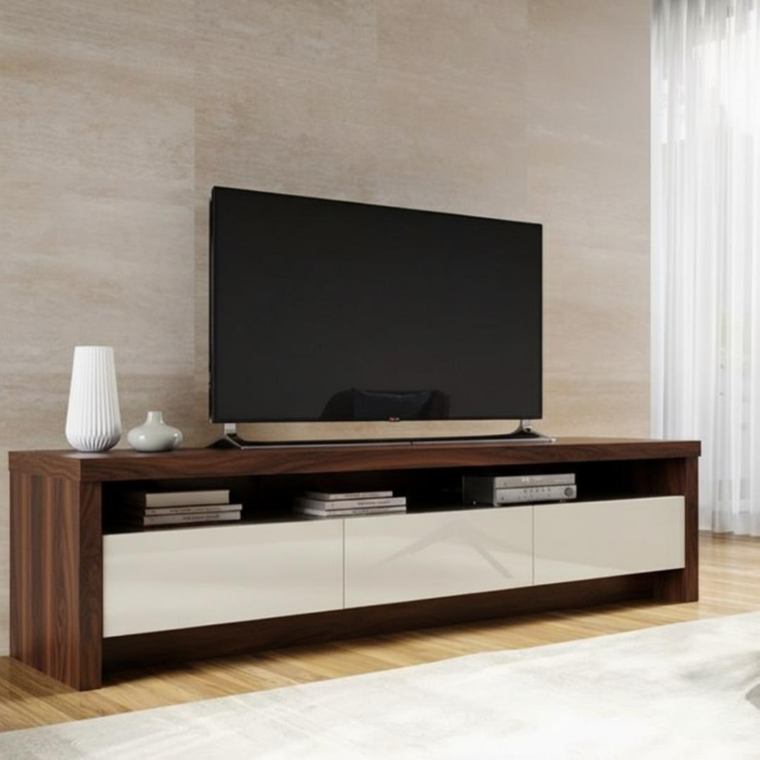 Modern 70" Dark Wood TV Stand Console with Gloss White Drawers - Entertainment Unit for Flat Screens, Living Room Storage & Media Center