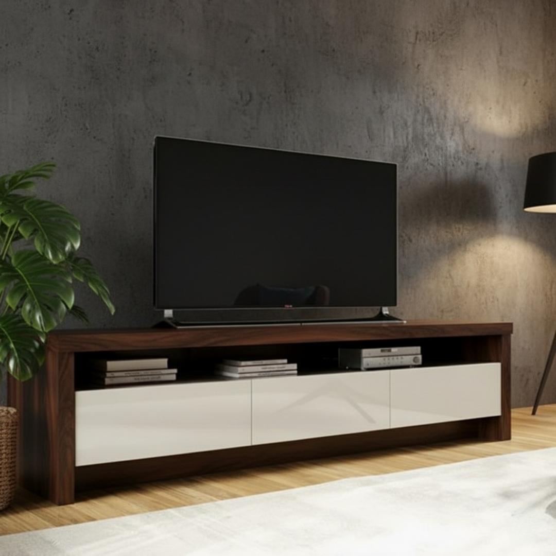 Modern 70" Dark Wood TV Stand Console with Gloss White Drawers - Entertainment Unit for Flat Screens, Living Room Storage & Media Center