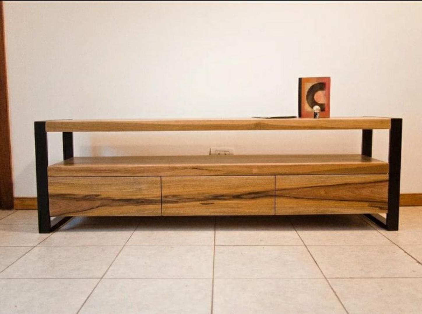 ​Modern Wood & Metal TV Stand: Oak Entertainment Center Console with Storage Drawers - Industrial Media Cabinet for 65" Flat Screen