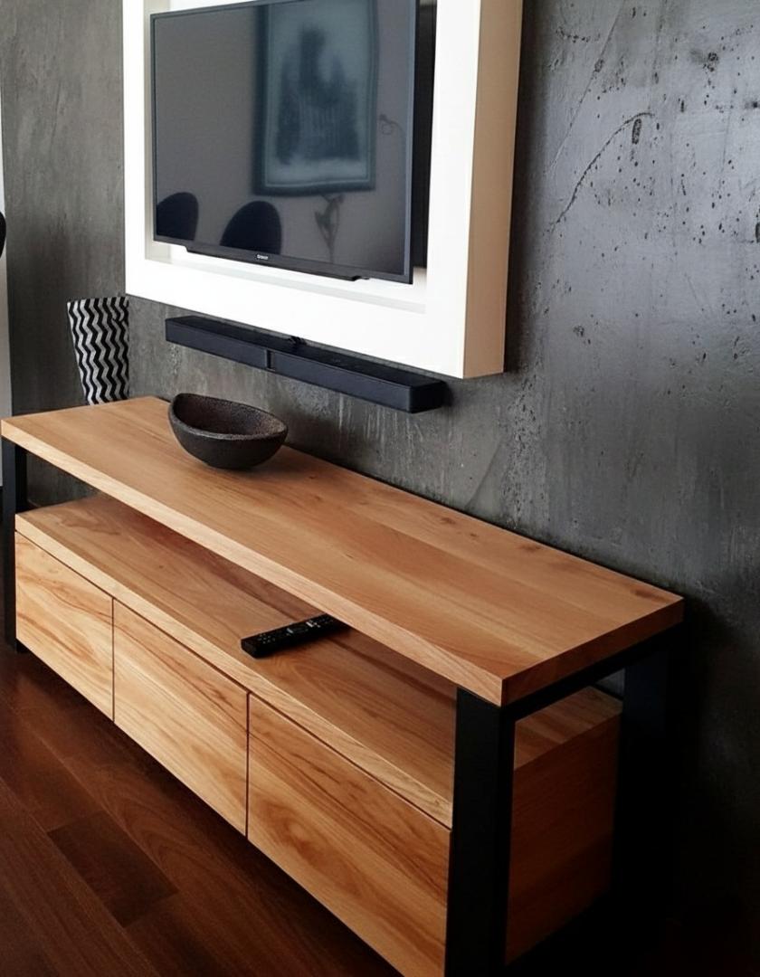 ​Modern Wood & Metal TV Stand: Oak Entertainment Center Console with Storage Drawers - Industrial Media Cabinet for 65" Flat Screen