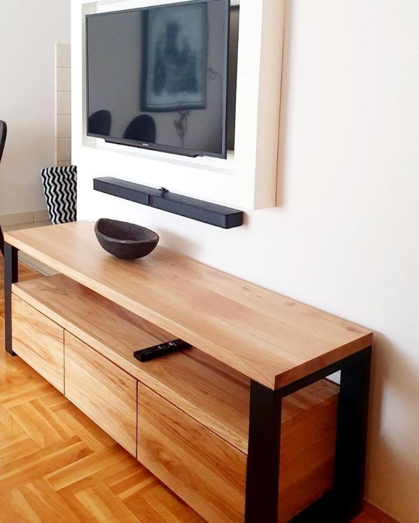 ​Modern Wood & Metal TV Stand: Oak Entertainment Center Console with Storage Drawers - Industrial Media Cabinet for 65" Flat Screen