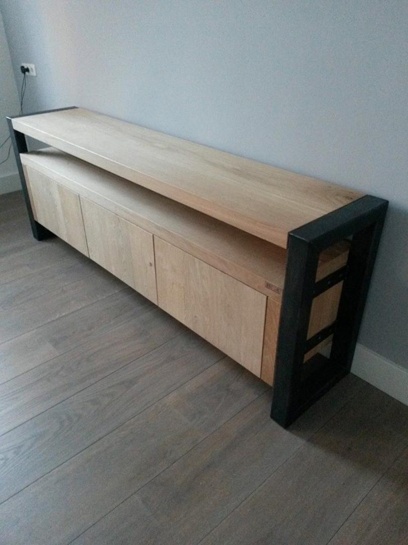 ​Modern Wood & Metal TV Stand: Oak Entertainment Center Console with Storage Drawers - Industrial Media Cabinet for 65" Flat Screen