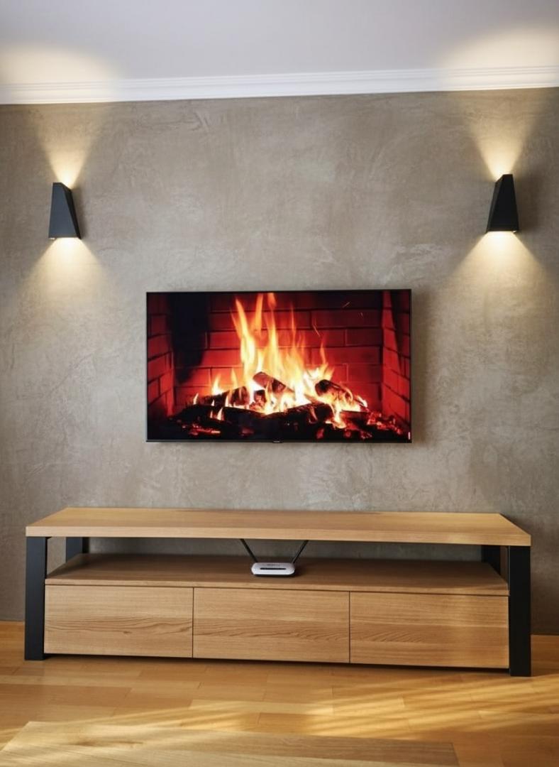 ​Modern Wood & Metal TV Stand: Oak Entertainment Center Console with Storage Drawers - Industrial Media Cabinet for 65" Flat Screen