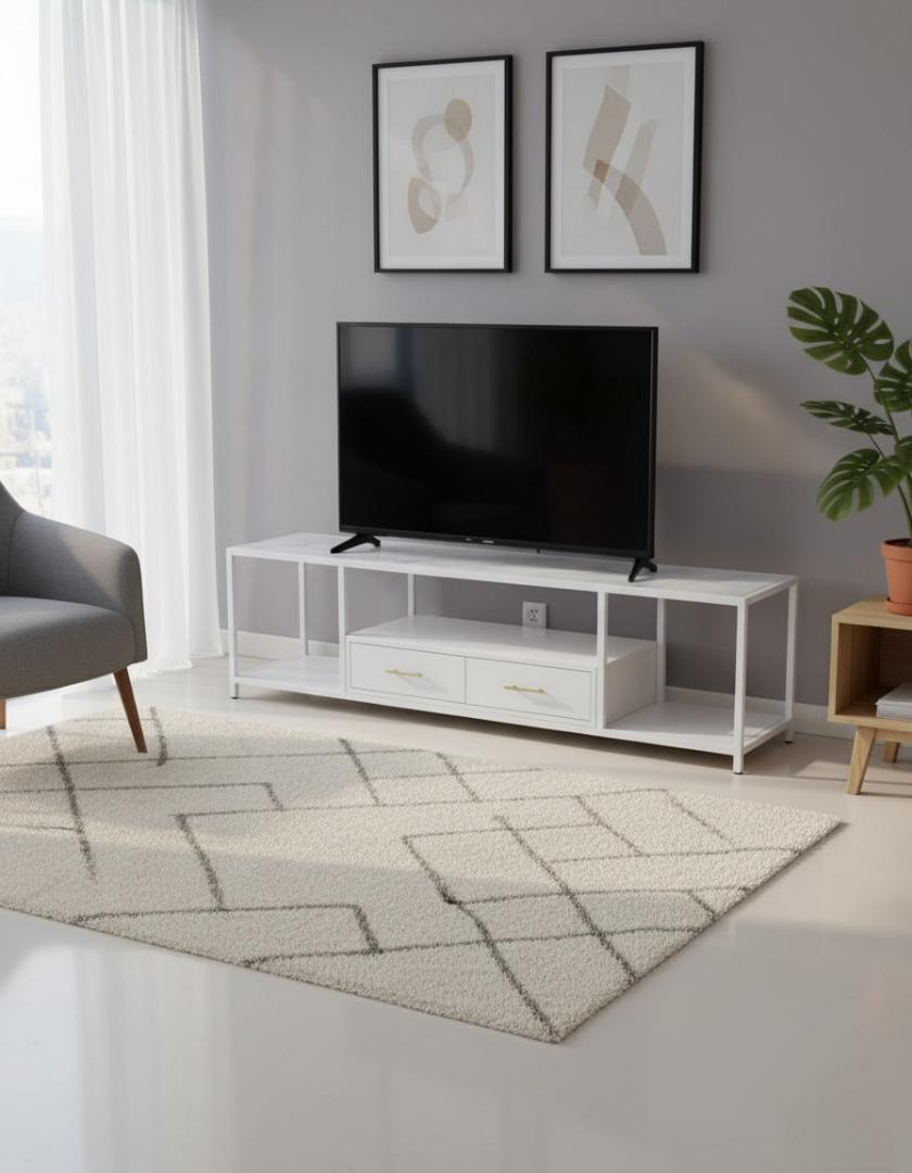 Elegant Modern White Marble & Gold TV Stand Media Console with Storage Drawers and Open Shelves for Living Room, Entertainment Center, Home Decor