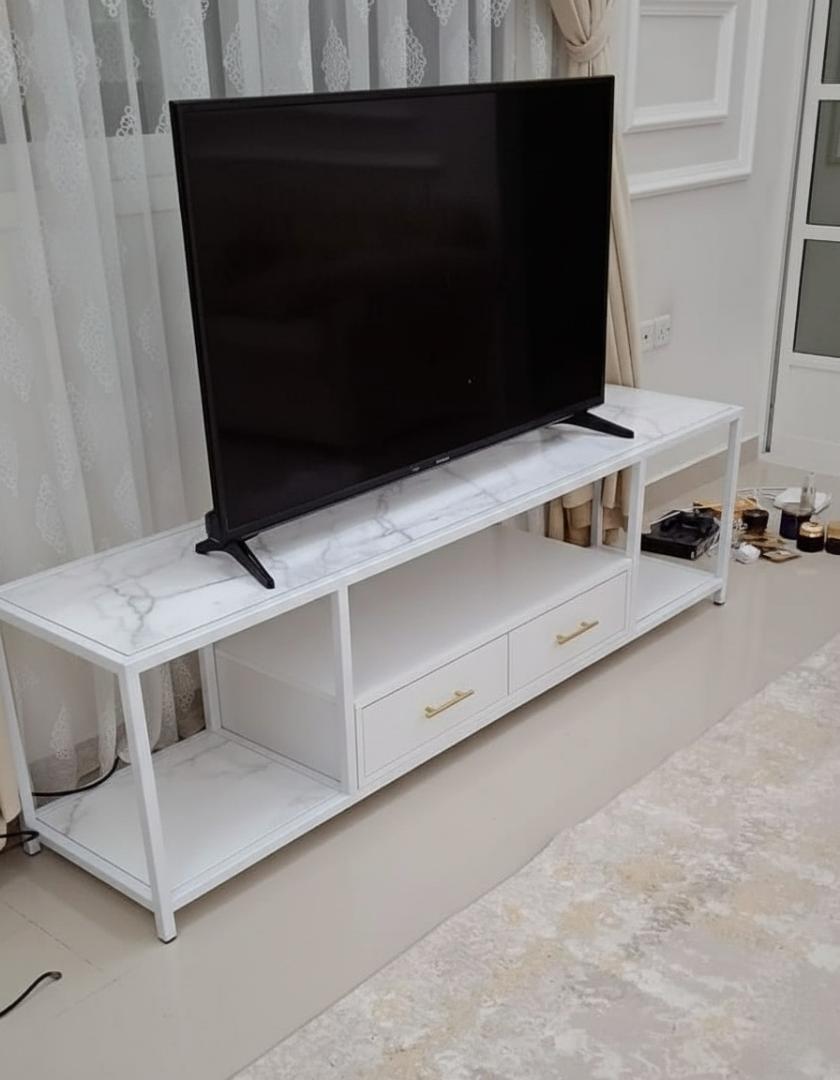 Elegant Modern White Marble & Gold TV Stand Media Console with Storage Drawers and Open Shelves for Living Room, Entertainment Center, Home Decor