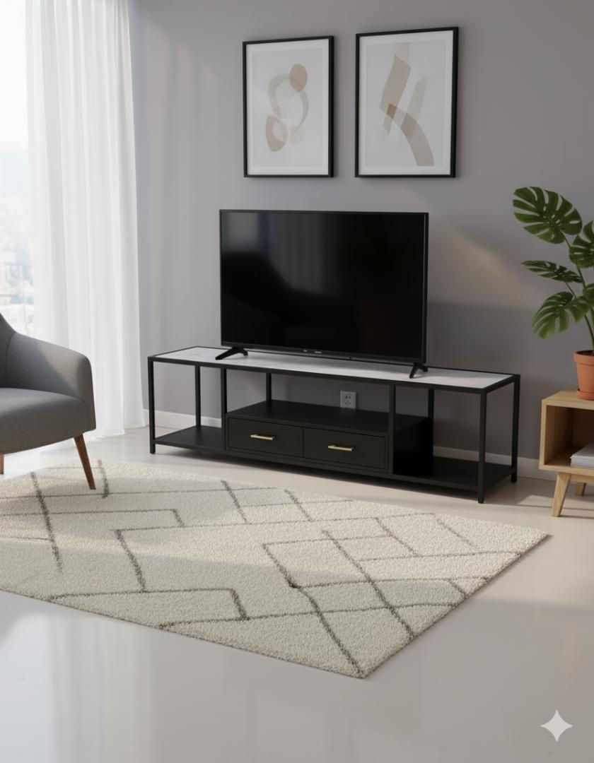 Elegant Modern White Marble & Gold TV Stand Media Console with Storage Drawers and Open Shelves for Living Room, Entertainment Center, Home Decor