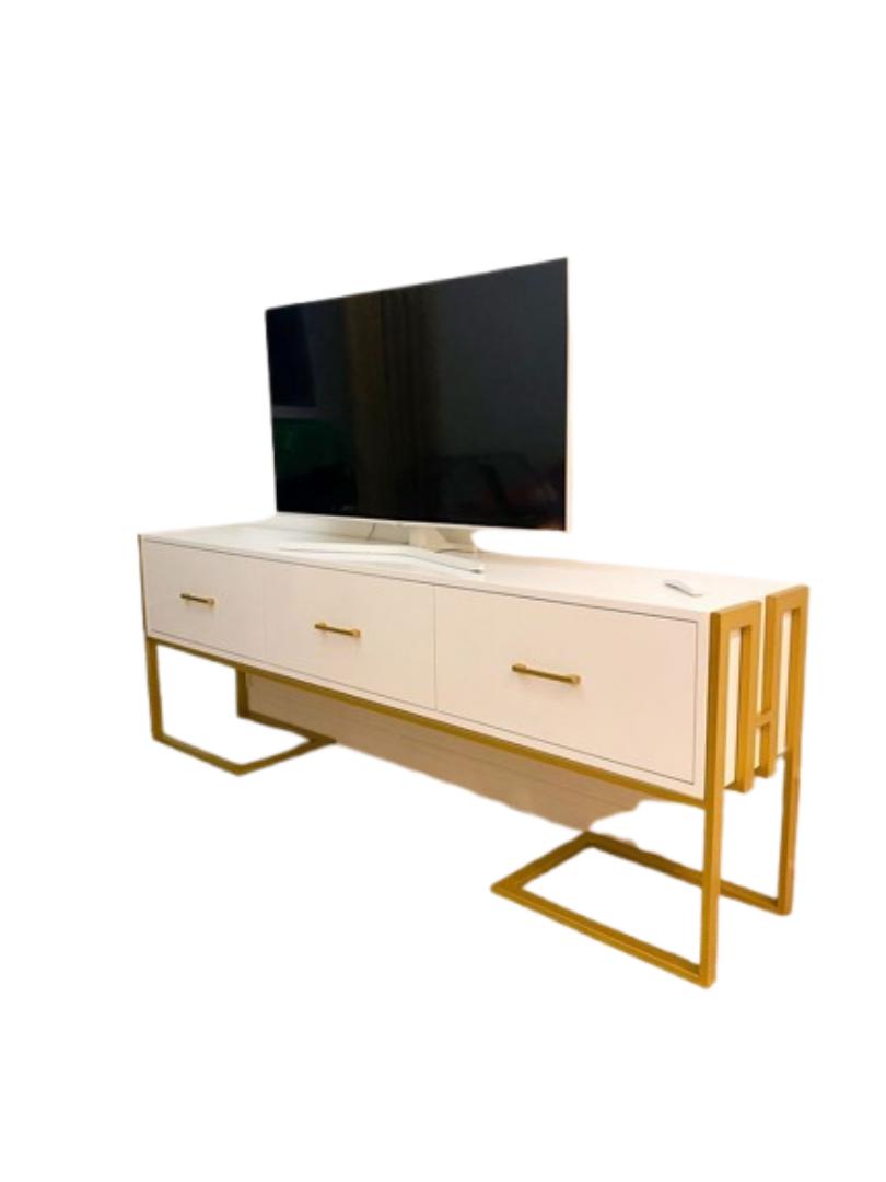 Modern Luxe 3-Drawer TV Stand/Cabinet - White/Wood Console with Gold/White Metal Frame | Mid-Century Media Storage for 50-70 inch Screens