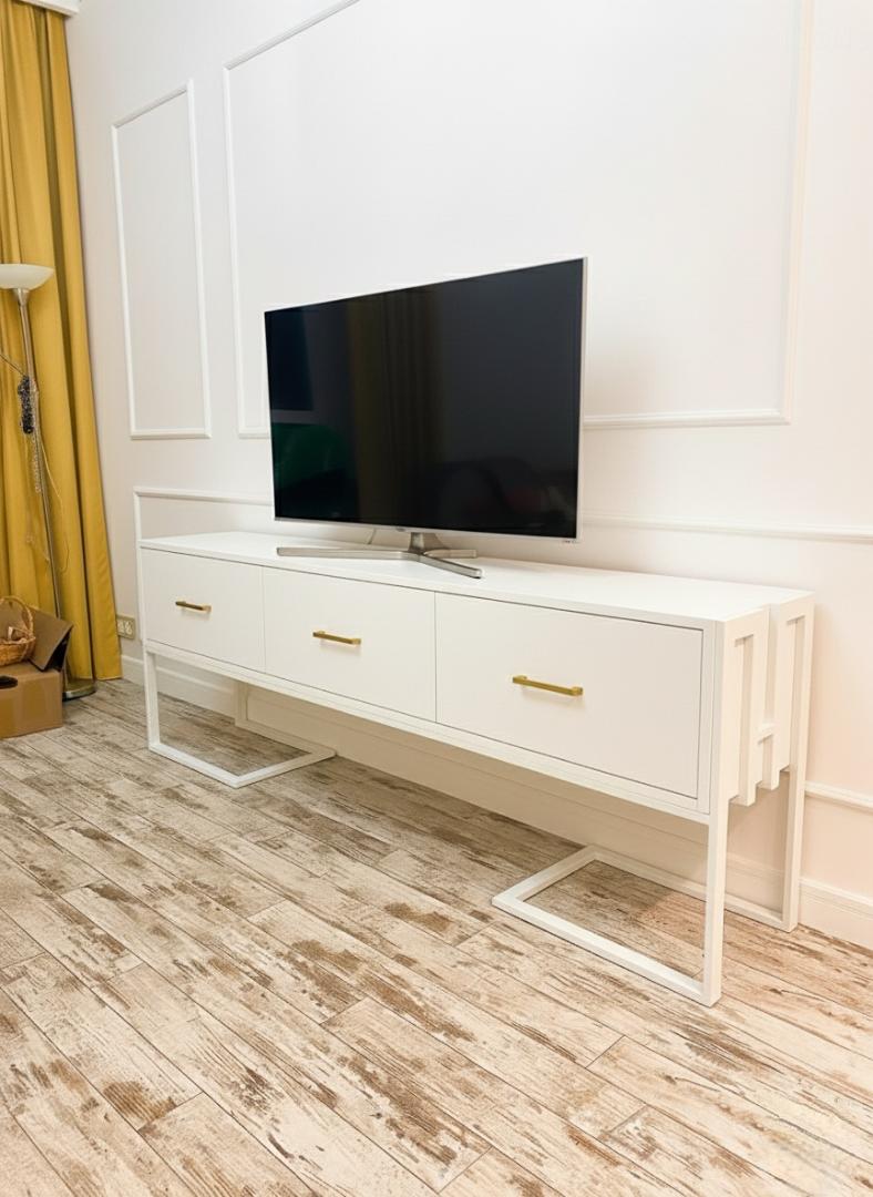 Modern Luxe 3-Drawer TV Stand/Cabinet - White/Wood Console with Gold/White Metal Frame | Mid-Century Media Storage for 50-70 inch Screens