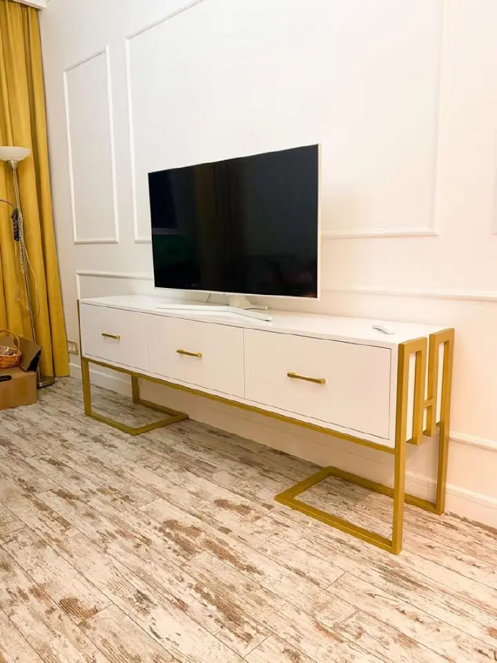 Modern Luxe 3-Drawer TV Stand/Cabinet - White/Wood Console with Gold/White Metal Frame | Mid-Century Media Storage for 50-70 inch Screens