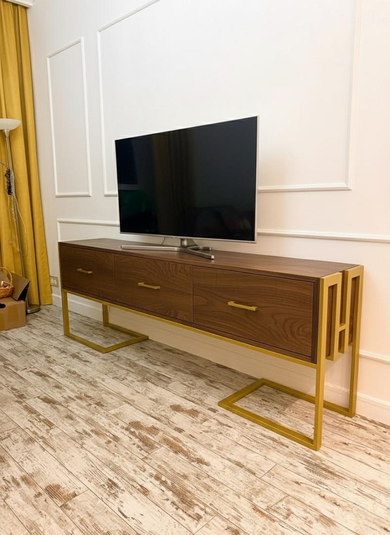 Modern Luxe 3-Drawer TV Stand/Cabinet - White/Wood Console with Gold/White Metal Frame | Mid-Century Media Storage for 50-70 inch Screens