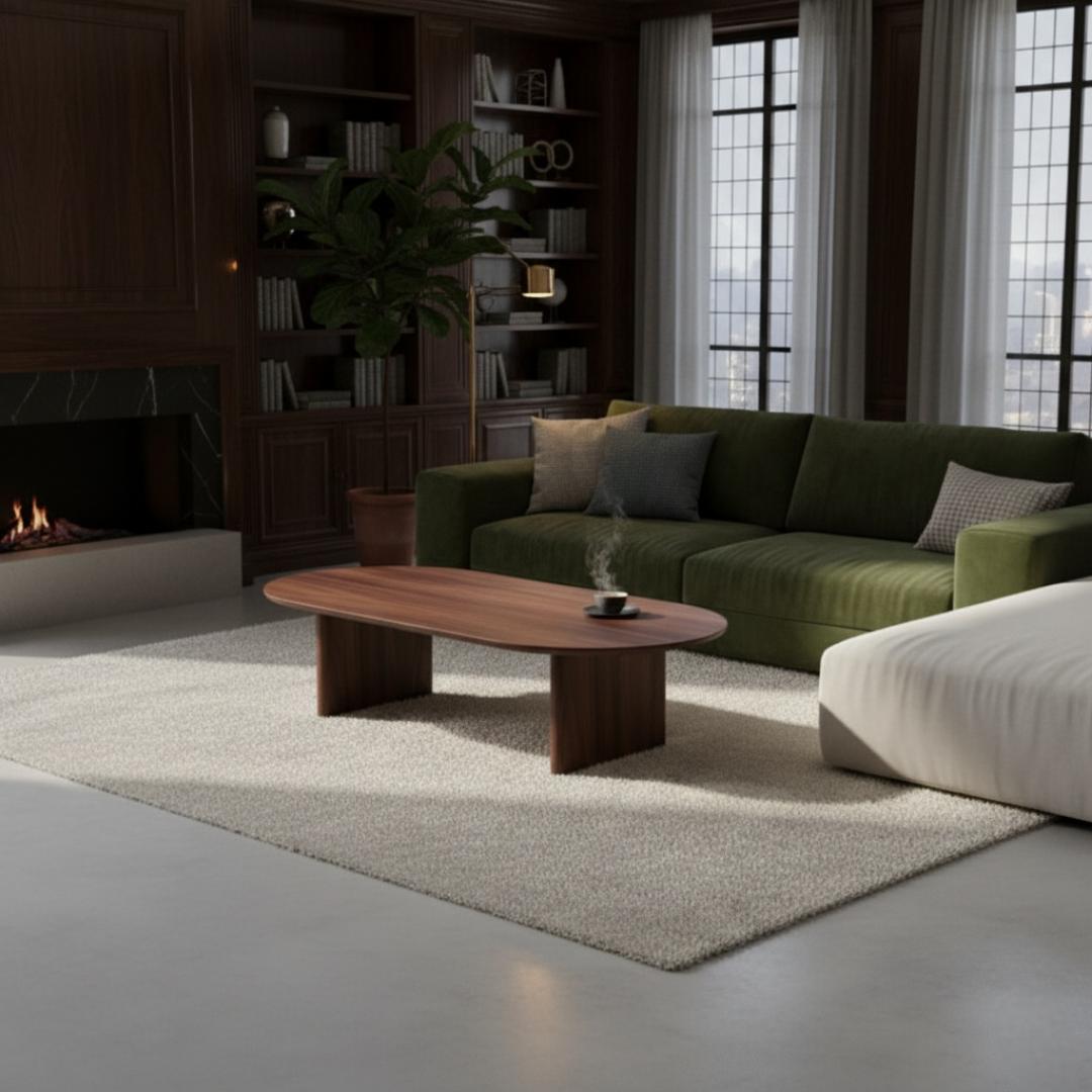 ​Modern Oval Coffee Table - Minimalist Living Room Centerpiece, White or Dark Walnut Wood Style - Unique Low Profile Design, Chic design Sofa Side Accent Furniture