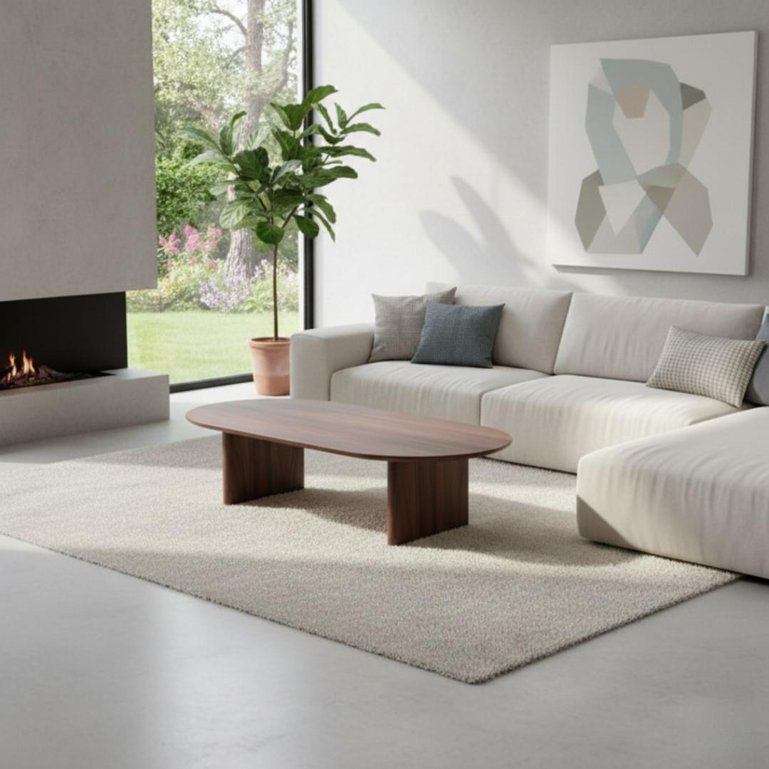 ​Modern Oval Coffee Table - Minimalist Living Room Centerpiece, White or Dark Walnut Wood Style - Unique Low Profile Design, Chic design Sofa Side Accent Furniture