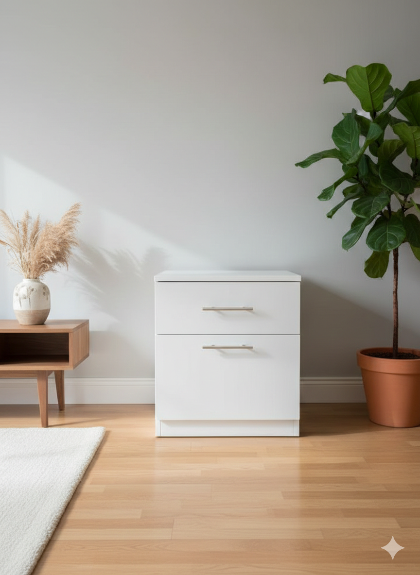 Modern White 2-Drawer Bedside Table & Home Office Storage Cabinet | Durable Wooden Nightstand with Metal Handles for Bedroom, Study, & Living Room – Sleek Minimalism Side Table & Pedestal Organizers